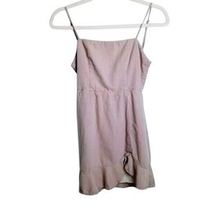 CAGE Sleeveless Mini Dress Tie Back Ruffle Hem Neutral Lavender Linen Blend Sz S